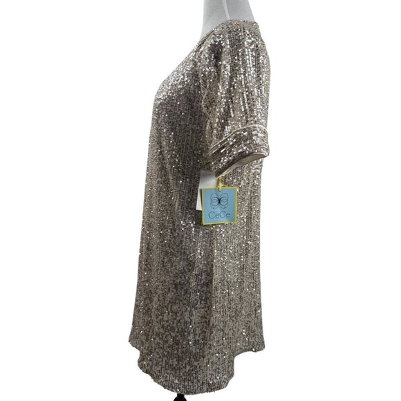 CeCe Champagne Sequin V-Neck Midi Short Sleeve Dress L - Picture 5 of 8